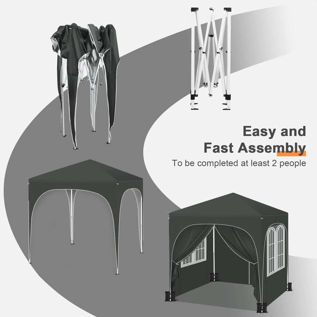 Gazebo da Giardino Richiudibile 2x2m con Pannelli Laterali,Gazebo da Esterno in Ferro Regolabile in Altezza Tendone con Soffitto Semicircolare Pieghevole,Set di 4 Sacchi di Sabbia,Grigio