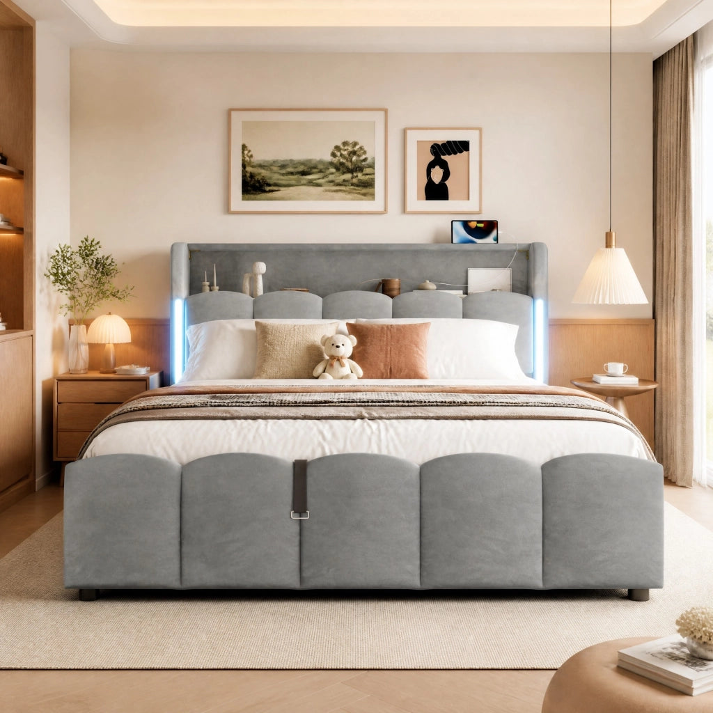 Letto contenitore 140 × 200 cm con vano idraulico; LED; testiera con scomparto; USB e Type-C; velluto grigio