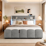 Letto contenitore 140 × 200 cm con vano idraulico; LED; testiera con scomparto; USB e Type-C; velluto grigio