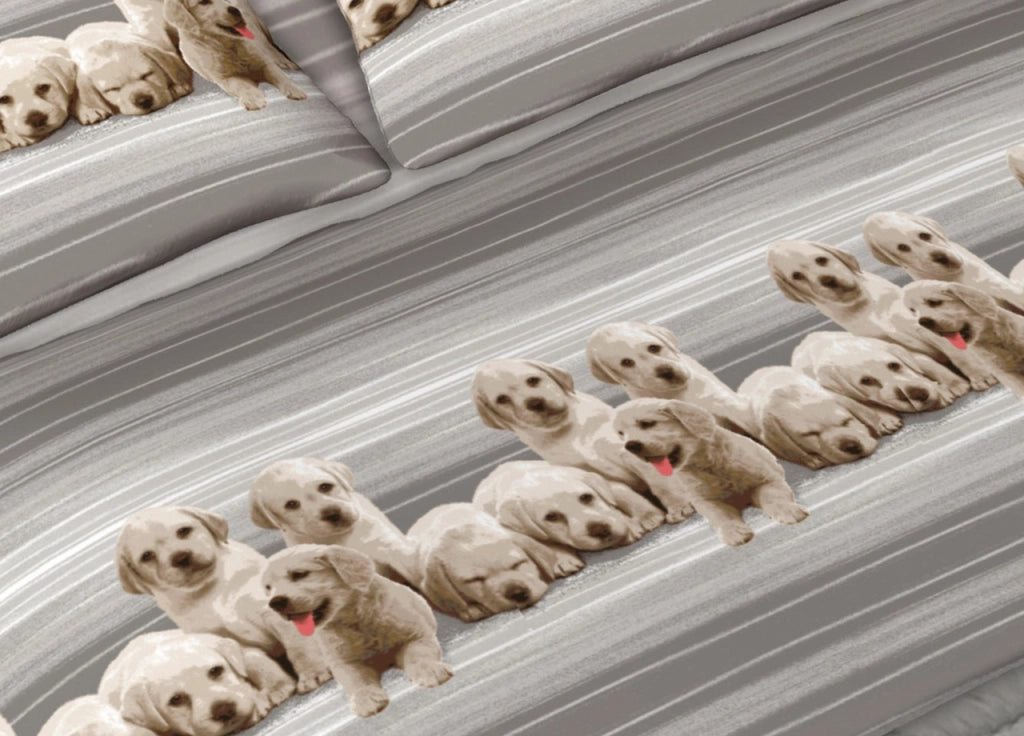 Completo Lenzuola In 100% Cotone Made In Italy Dis. Labrador Colore Grigio C.N. - Matrimoniale - Grigio