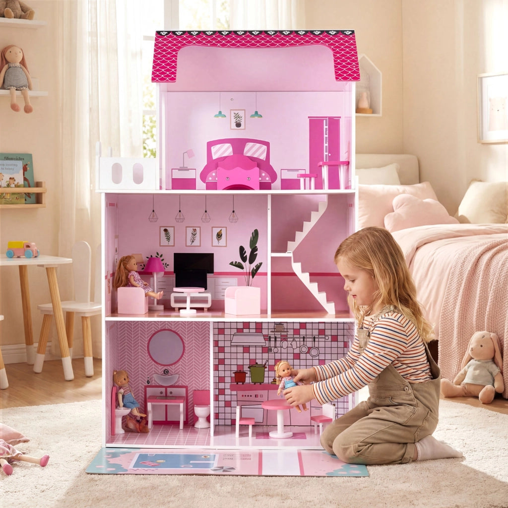 Casa bambole legno 17 pezzi mobili accessori scala racconti immaginativi, Casa bambole villa principessa bambini Rosa