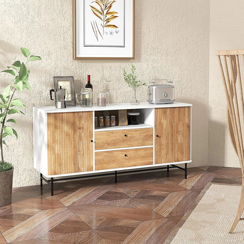 Credenza con ante scorrevoli, armadio a buffet con 2 cassetti e 1 ripiano aperto, comò in legno con protezione antiribaltamento, mobile TV per soggiorno, cucina, 150 x 45 x 74 cm