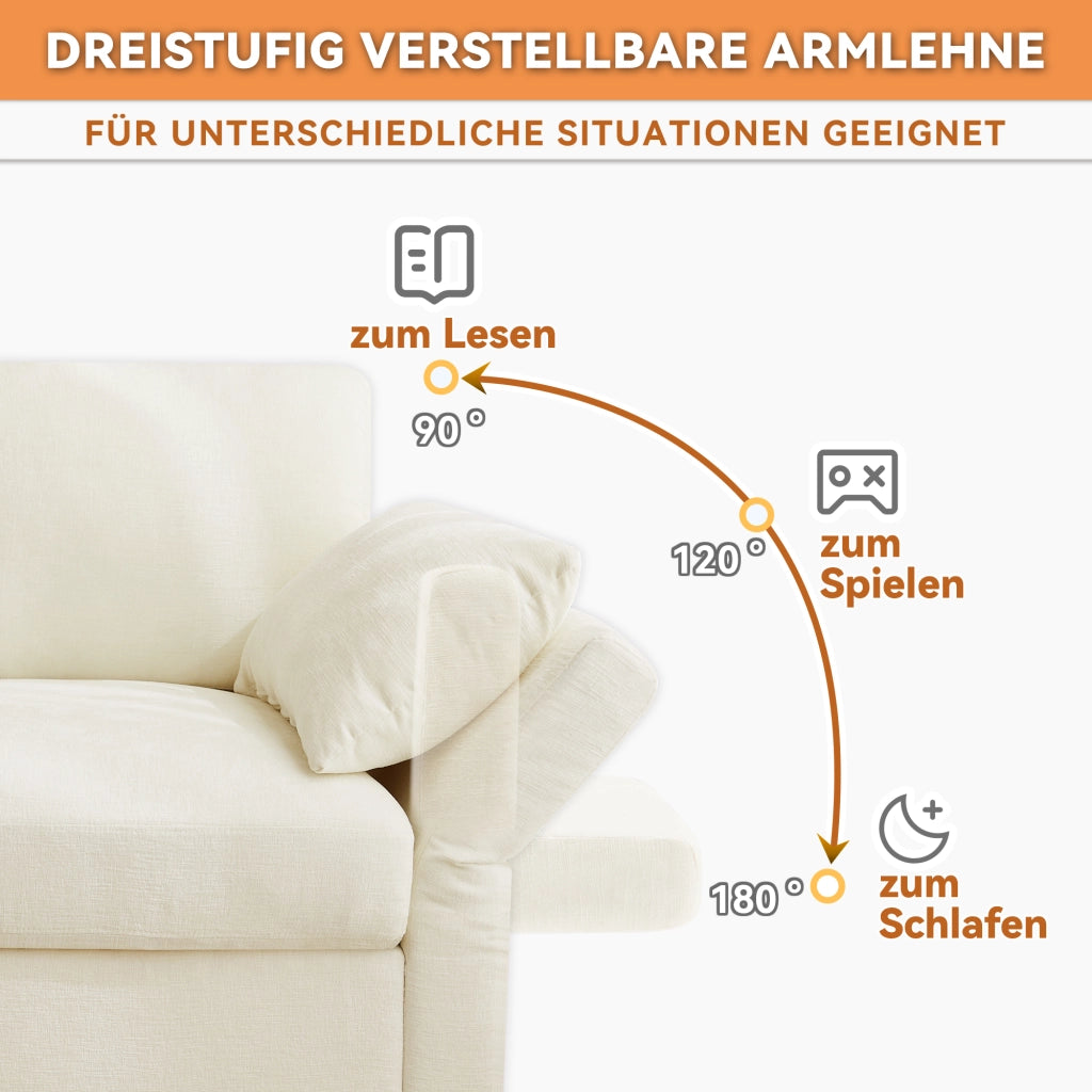 Divano ad angolo convertibile modulare con braccioli regolabili e 2 pouf in ciniglia beige