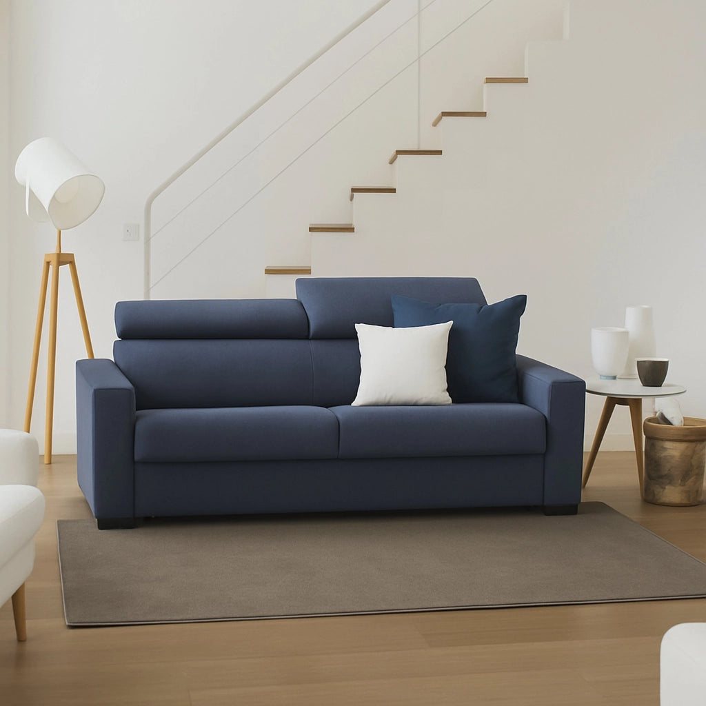 Divano Letto Amalfi, Divano a 2 posti Large, Made in Italy, SofÒ  Soggiorno con apertura girevole, con poggiatesta regolabili e Braccioli standard, cm 200x95h85, Blu
