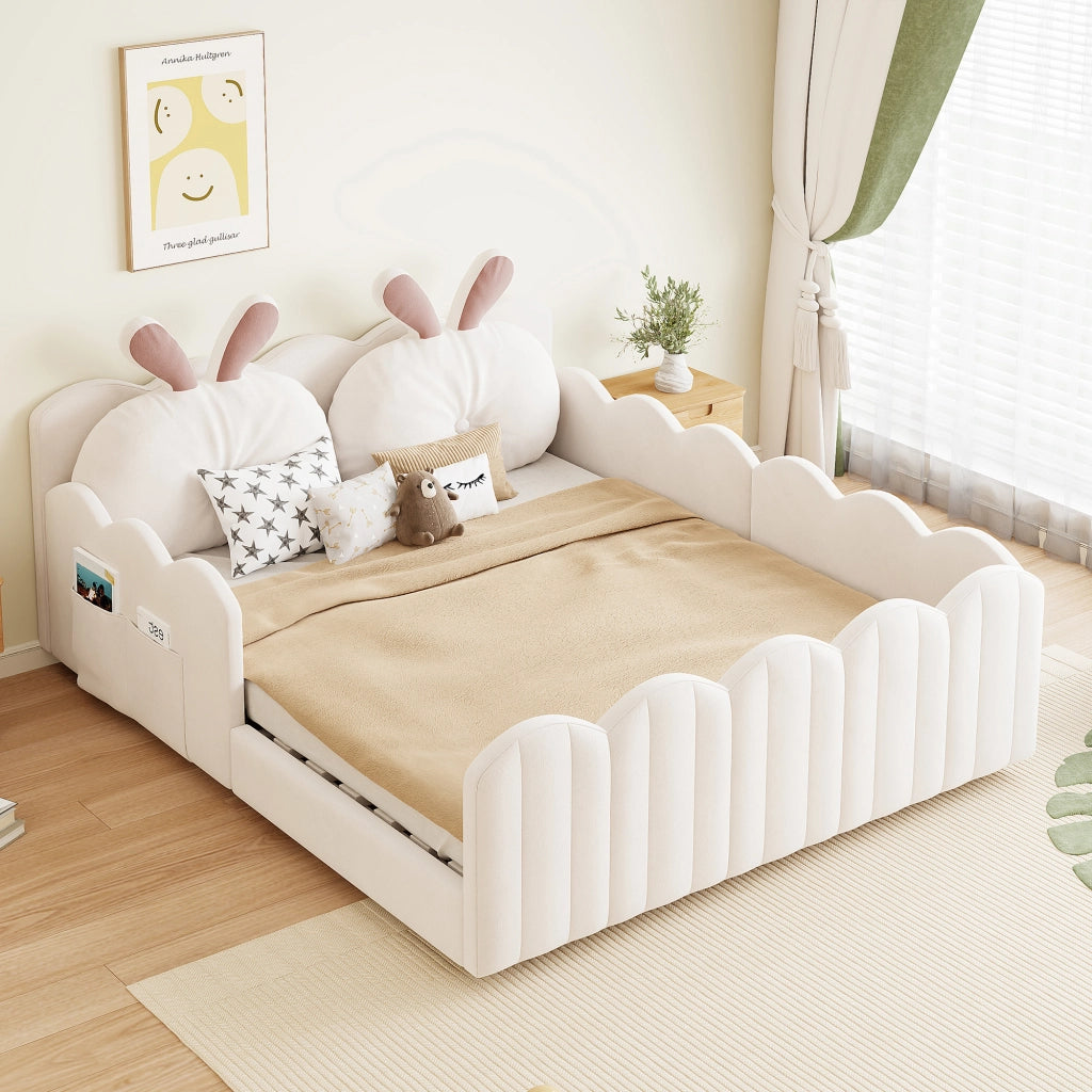 Letto imbottito con cuscino a coniglio, 140x200 cm, beige