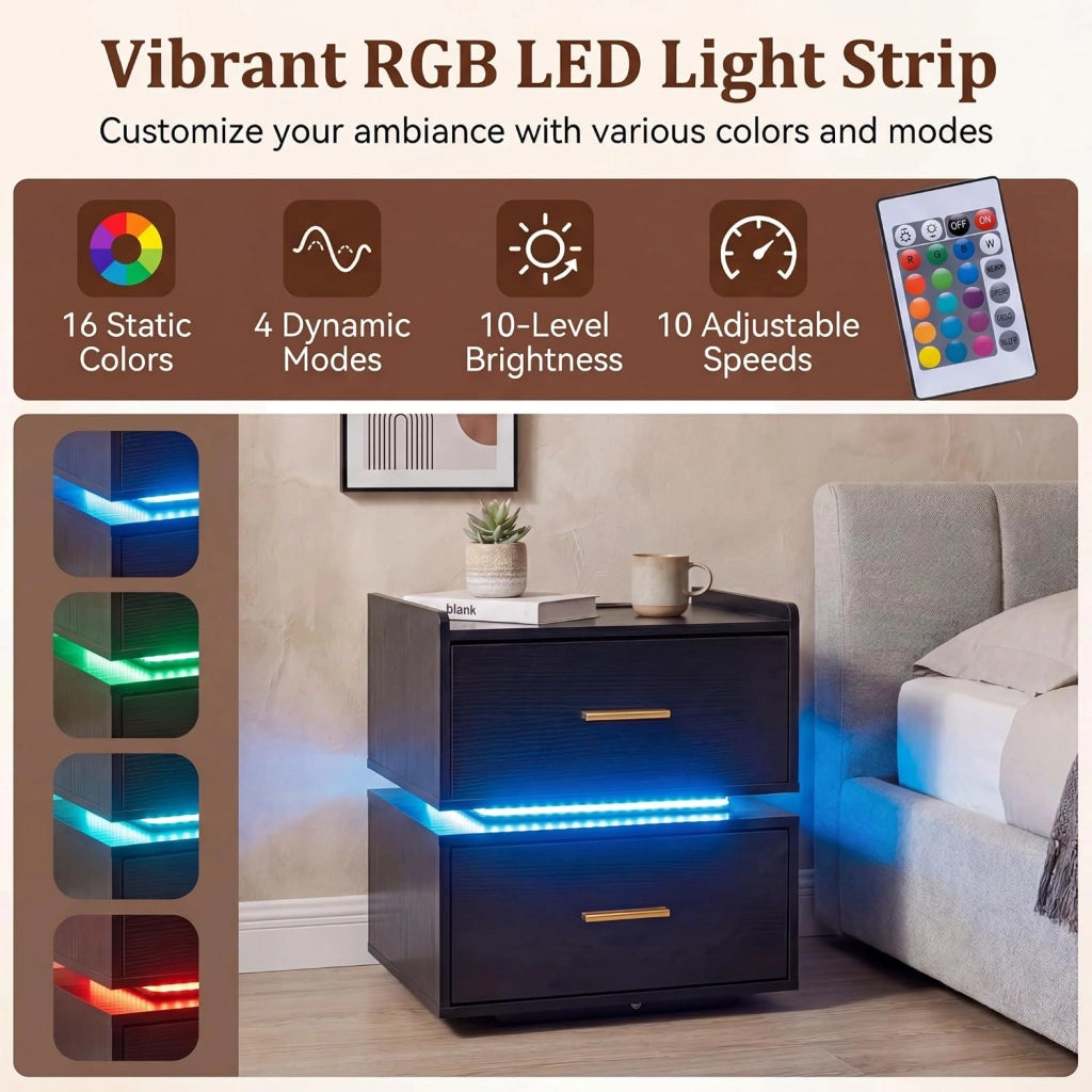 Comodino con stazione di ricarica, comodino con illuminazione a LED e telecomando, 2 cassetti, per soggiorno, camera da letto, ufficio, 45 x 40 x 48 cm (nero)