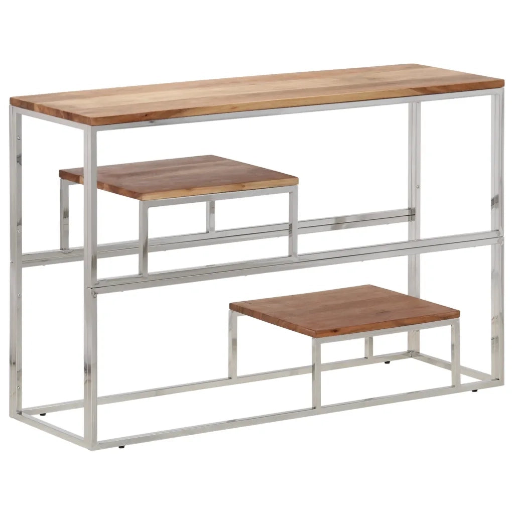 Tavolino Consolle Argento Acciaio Inox e Legno Massello Acacia