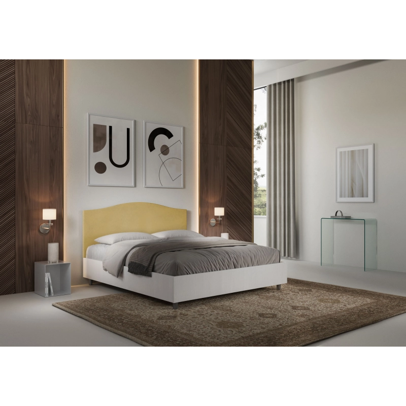 Letto Matrimoniale 160x200 cm struttura bianco frassino testata Grace - Contenitore,Microfibra,Ocra