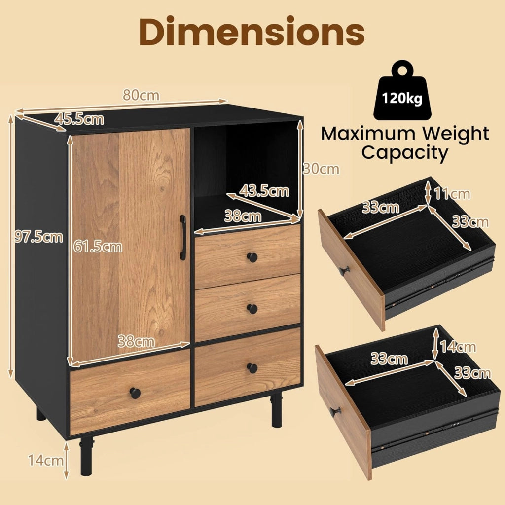 Cassettiera con 4 cassetti, credenza da cucina con piano e vano aperto, credenza da cucina, in legno, 80 x 45,5 x 97,5 cm