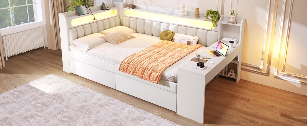 Daybed imbottito 140x200 cm con LED, porte USB, scrivania integrata e 2 cassetti, bianco