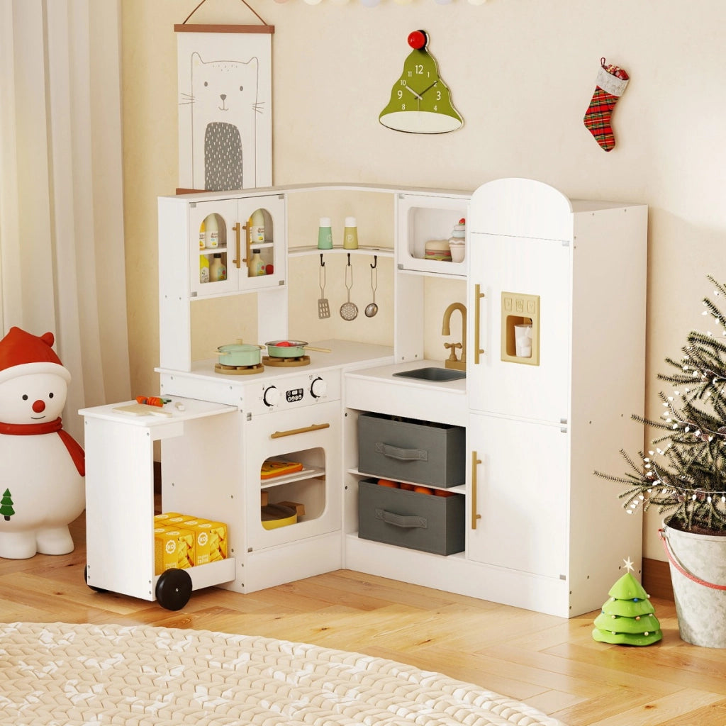 Cucina ad angolo con luci e suoni set da gioco interattivo in legno con lavabo, Cucina ad angolo set giocattolo per bambini 3+ anni Bianco