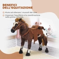 Cavallo a Dondolo per Bambini 2+ Anni con Nitrito, Sella e Staffe, in Peluche e Metallo, 85x28x60 cm, Marrone