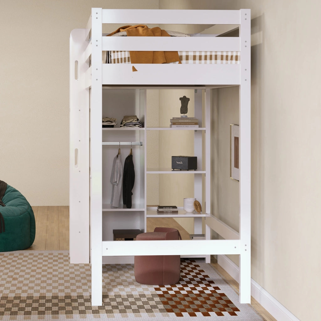 OKWISH Letto a soppalco 90×200 cm, Letto Singolo con Armadio, 6 Ripiani e Barra appendiabiti, senza Materasso, in Legno, Bianco