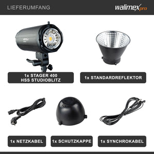 Walimex Pro Stager 400 HSS flash fotografico da studio, luce LED da 400 W per foto e video, con ricevitore da 2,4 GHz, modalità HSS, luce di modellazione a LED