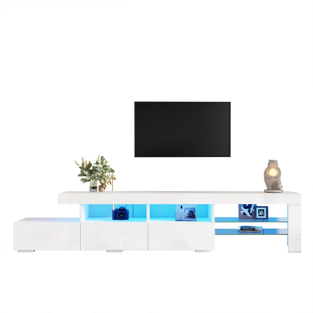 Mobile TV bianco lucido da 180 cm con LED, 3 cassetti, 7 vani e 2 ripiani in vetro