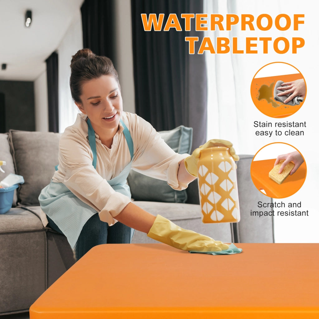 Tavolo da pranzo pieghevole con altezza regolabile, piano in plastica resistente, per interno ed esterno, arancione