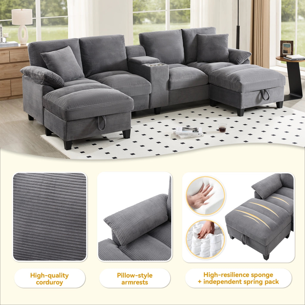 Divano ad angolo a U 4-5 posti con contenitore e porte USB, portabicchiere, in velluto a coste, Grigio 293 × 142 × 93 cm