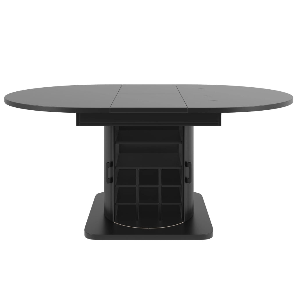 Tavolo da pranzo allungabile con contenitore, piano MDF nero, ripiani estraibili e portabicchieri