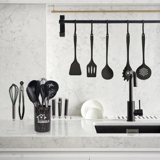 Set di accessori per cucina, set di accessori per cucina in silicone, accessori per cucina, set con rivestimento antiaderente, accessori per cucina in silicone resistenti al calore, manici in silicone, contenitori di conservazione.
