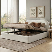 Letto imbottito 160x200 cm con contenitore idraulico e testiera bouclé beige