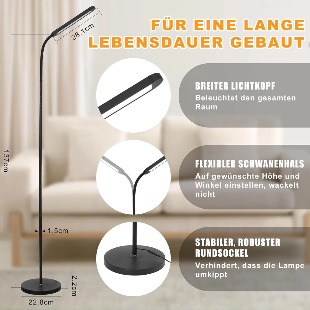 ZMH Lampada da terra LED nera 11W dimmerabile flessibile 360° per soggiorno divano