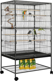 Gabbia Pappagalli, Gabbia per Uccelli con 4 ruote, Voliera per Pappagalli, con ciotola per Mangiatoia, Giocattolo a Gabbia, Altalena per Uccelli con 2 ante, 132 x 78 x 52 cm (Nero)