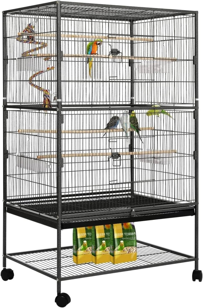 Gabbia Pappagalli, Gabbia per Uccelli con 4 ruote, Voliera per Pappagalli, con ciotola per Mangiatoia, Giocattolo a Gabbia, Altalena per Uccelli con 2 ante, 132 x 78 x 52 cm (Nero)