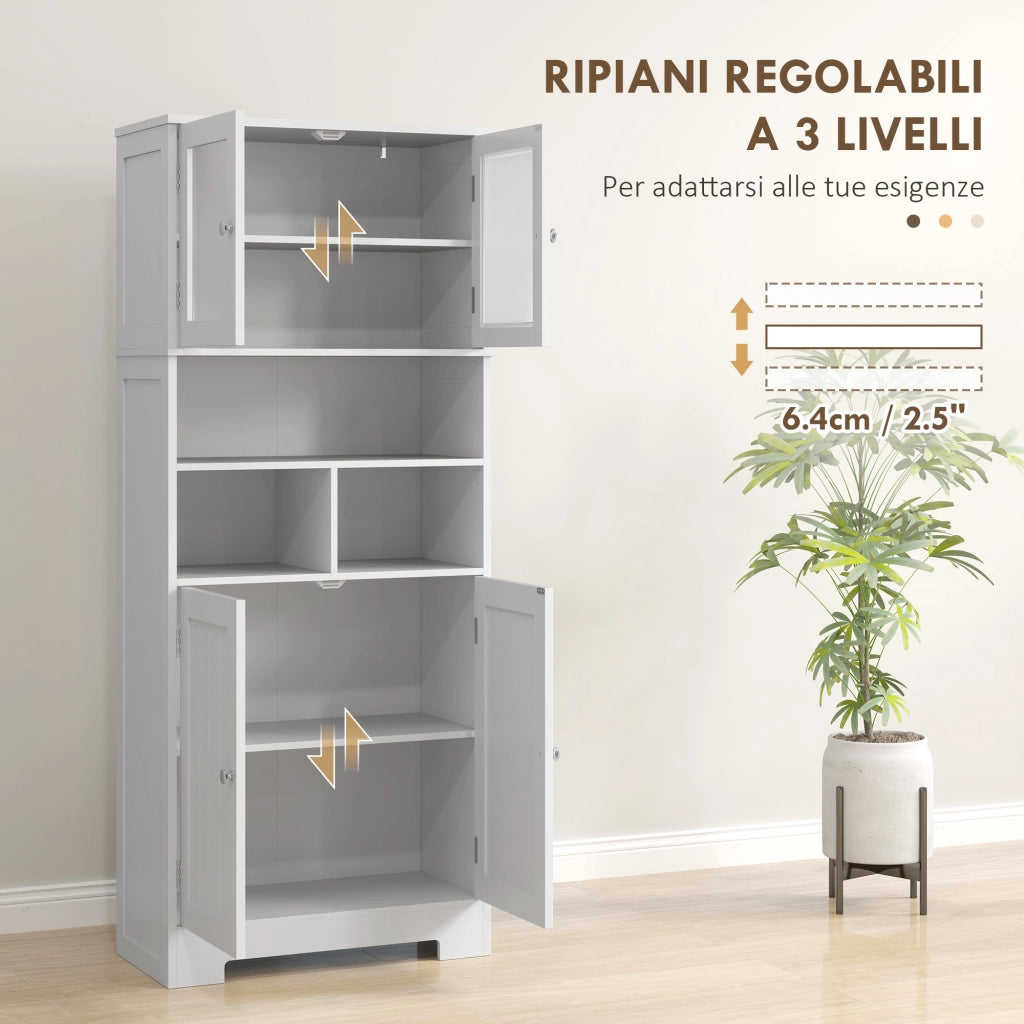 Credenza Bianca con 2 Ante a Vetro e 3 Vani Aperti, Ripiani Regolabili ¨C Zephmum ¨C 60x30x145.5 cm