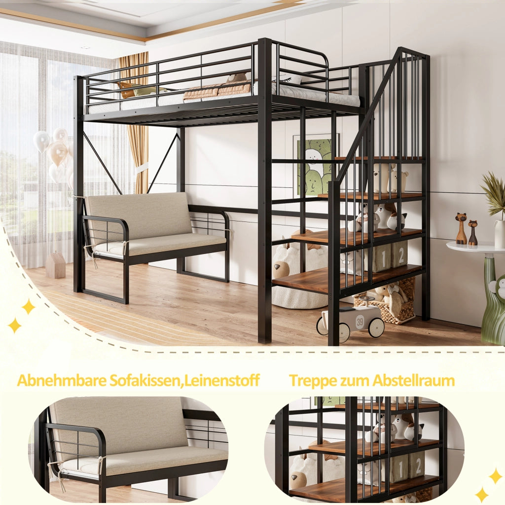 Letto a castello 90 × 200 cm con divano imbottito, scala con contenitore, senza materasso, metallo nero