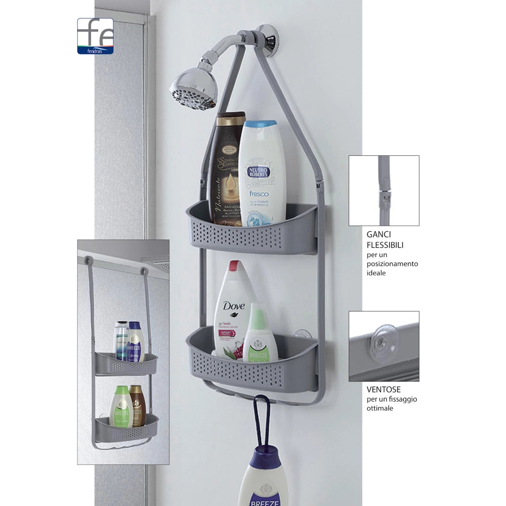 Mensola doccia in pvc 2 ripiani con ganci porta oggetti grigio