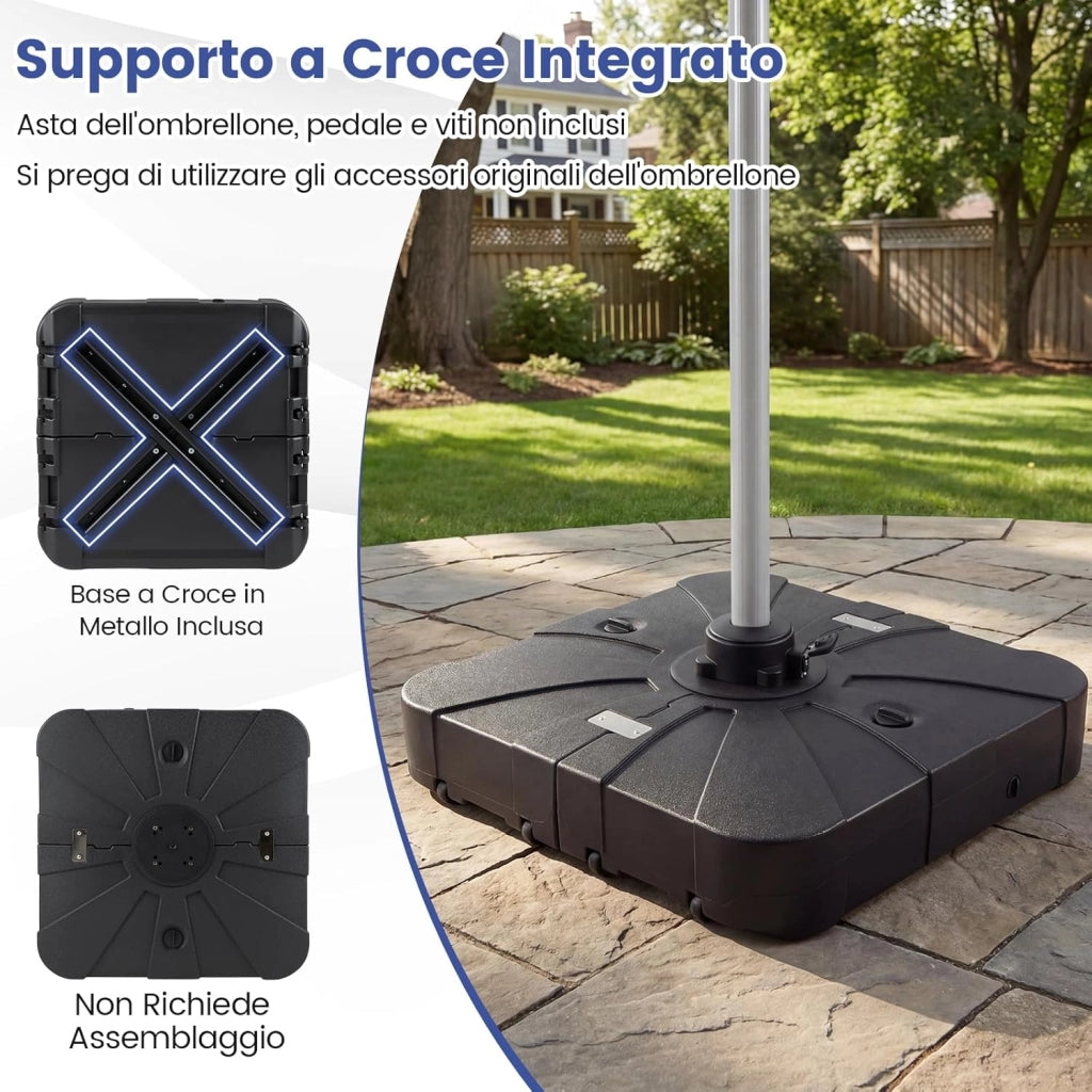 Base per Ombrellone da Esterno, con Braccio a Cantiere da 130/170 kg con Ruote, Supporto per Ombrellone Offset Pesante, Base Quadrata Riempibile con Acqua e Sabbia (130 kg)