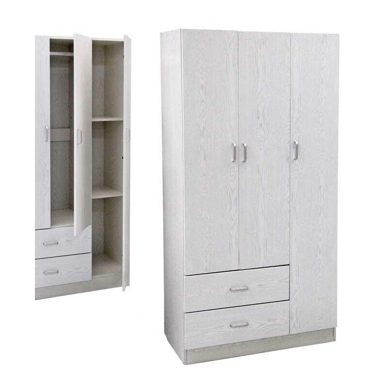 ARMADIO IN LEGNO CON 3 ANTE E CASSETTI, RIPIANI, APPENDIABITI, BIANCO 120 X 52 X 190 CM