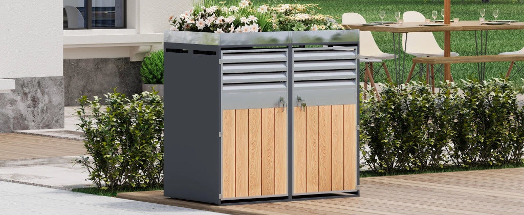 Cassetta della spazzatura; apertura per la ventilazione con stecchi; compartimenti per lo stoccaggio della spazzatura; chiudibili a chiave; due porte; area per la piantagione