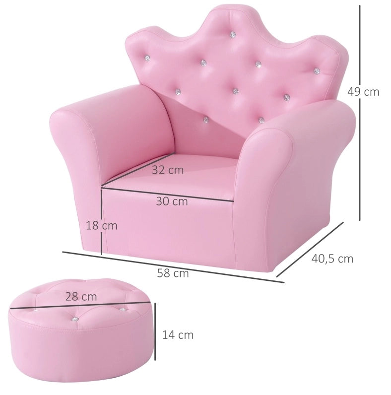 Poltroncina per bambini rosa con pouf e finitura capitonné