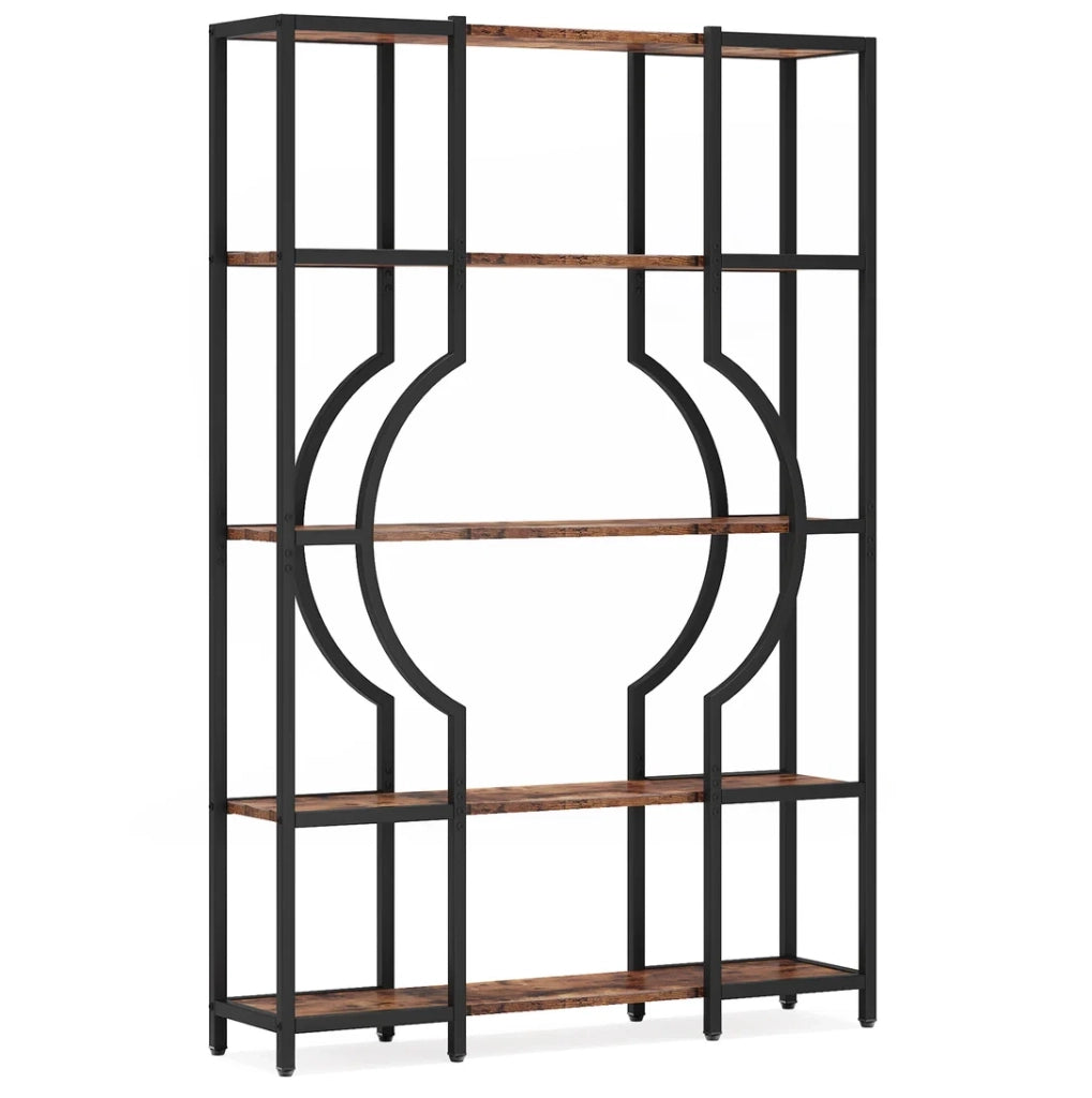 Libreria a 5 ripiani in metallo nero e MDF marrone rustico