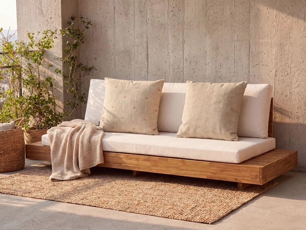 Set di 3 cuscini decorativi da esterno, misto poliestere e lino, beige, accessori decorativi da giardino