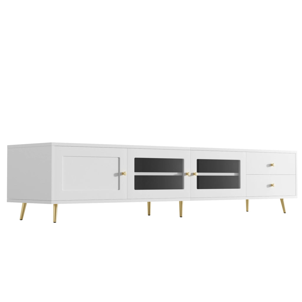 Mobile TV basso moderno con 2 cassetti, 2 ante in vetro e 1 anta, ampio spazio contenitore, bianco, 170¡Á40¡Á28 cm