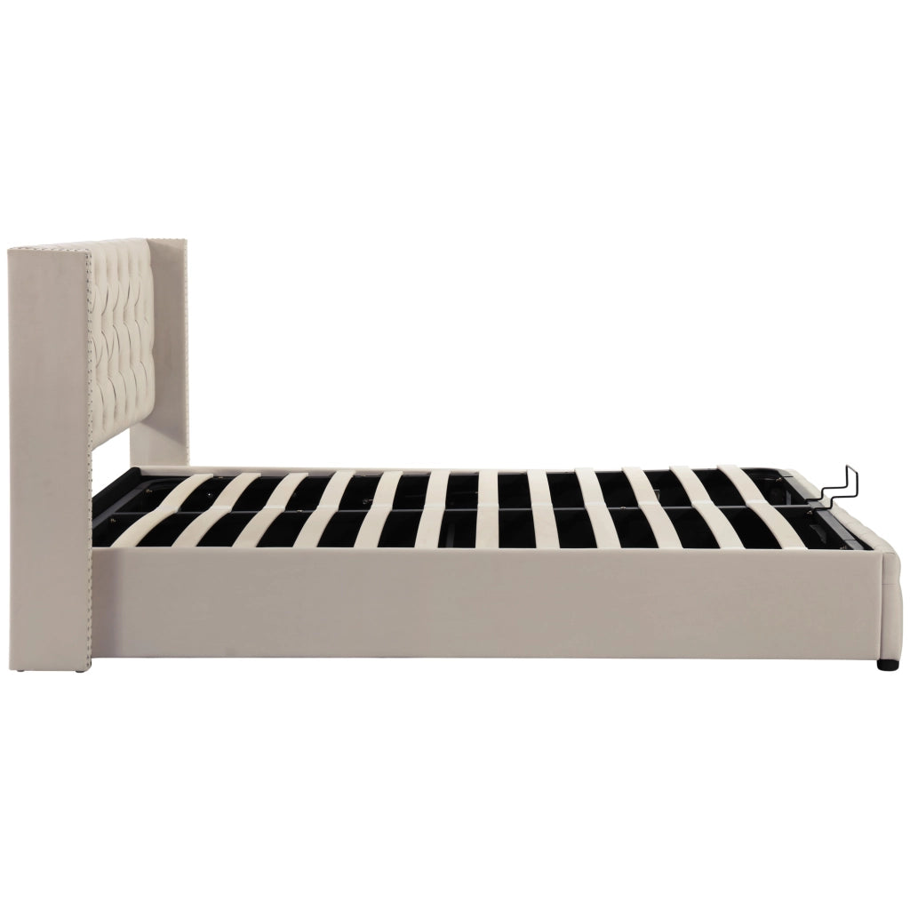 Letti contenitori 140x200 cm; contenitore idraulico; velluto; beige (Senza materasso)