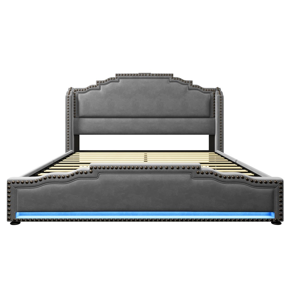 Letto Contenitore Imbottito 140x200 ¨C MINIMAL ¨C Velluto Grigio, 4 Cassetti, LED, Doghe