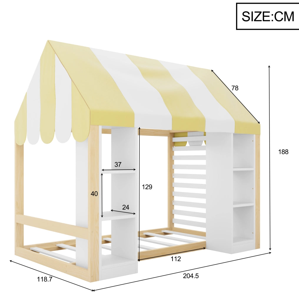 Letto per bambini in stile cottage 90x200 cm con baldacchino e vano contenitore; bianco e naturale