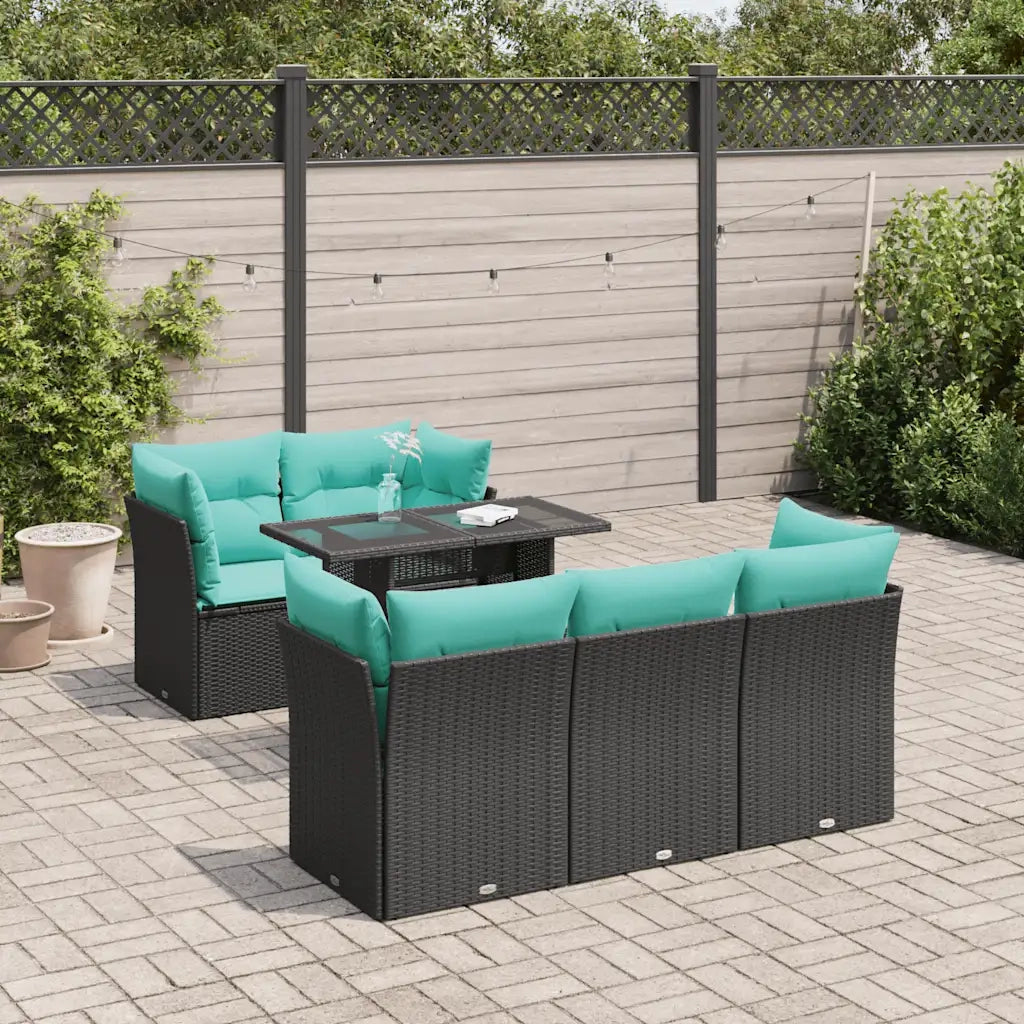 Set Divano da Giardino 6 pz con Cuscini Nero Polyrattan Acacia