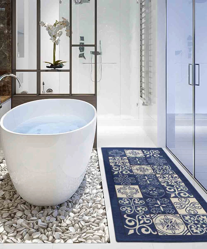 Tappeto disegno MAIOLICA BLU decorazione piastrelle ceramica, passatoia cucina multiuso lavabile in lavatrice e anti-scivolo cm.55x240