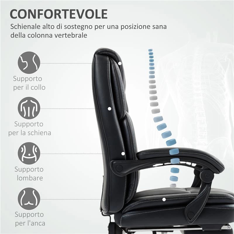 SEDIA DA UFFICIO RECLINABILE CON POGGIAPIEDI ESTRAIBILE IN PELLE PU, CAPACITÀ 120 KG, NERO