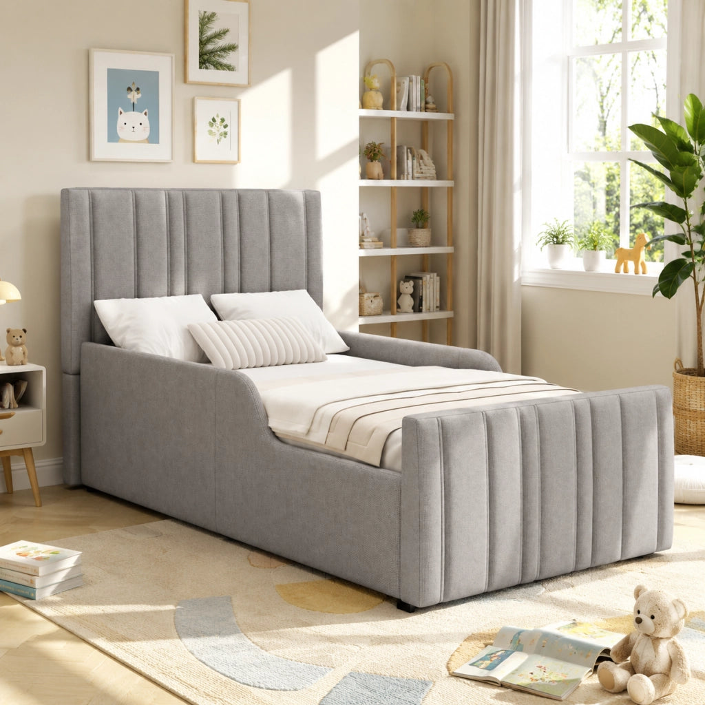 Letto per bambini 90 × 200 cm con contenitore idraulico, testiera imbottita et senza materasso, grigio