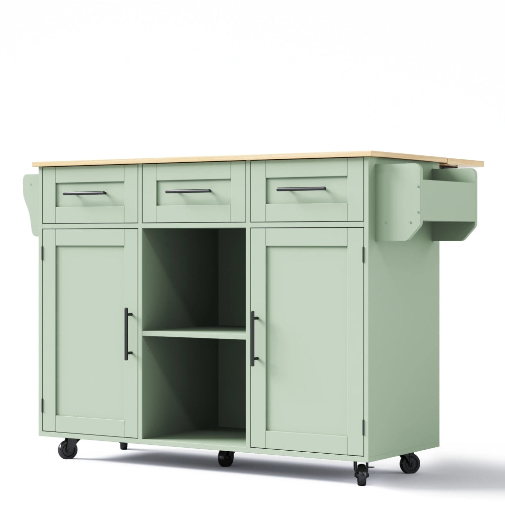 Carrello cucina con piano ribaltabile, contenitore interno e ruote, colore verde antico, 139x46(71)x91,5 cm