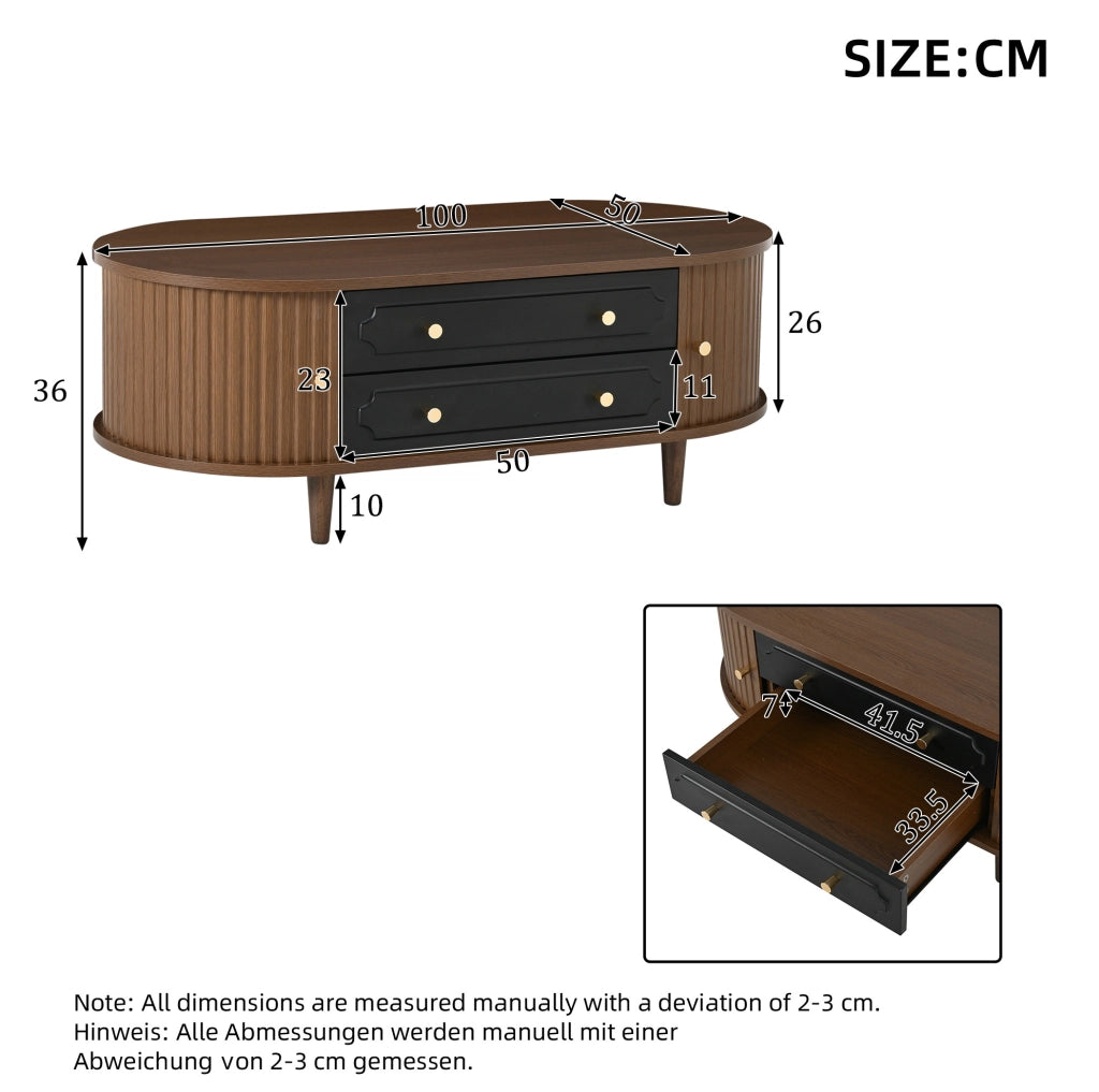 Tavolino da salotto 100x50x36 cm con 2 cassetti e 2 ante a rullo in truciolare; noce e nero