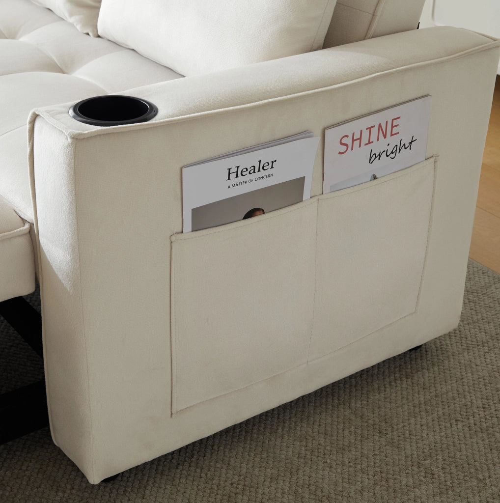 Divano letto 137 cm in velluto beige con portabicchieri， 3 in 1