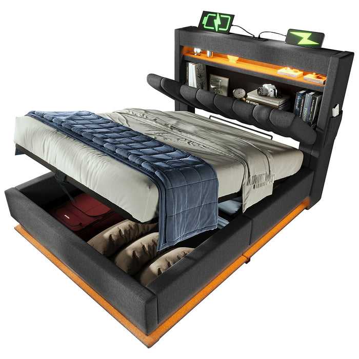 Letto singolo-Xylo-90x200 cm-LED, USB-C, testiera, idraulico, lino, grigio