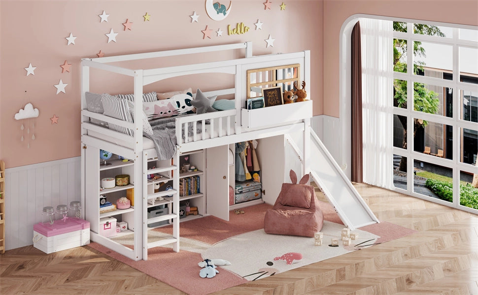 DESMIU Letto a castello 1 posto con scivolo, armadio e scaffali 90 × 200 cm, senza materasso, bianco e naturale