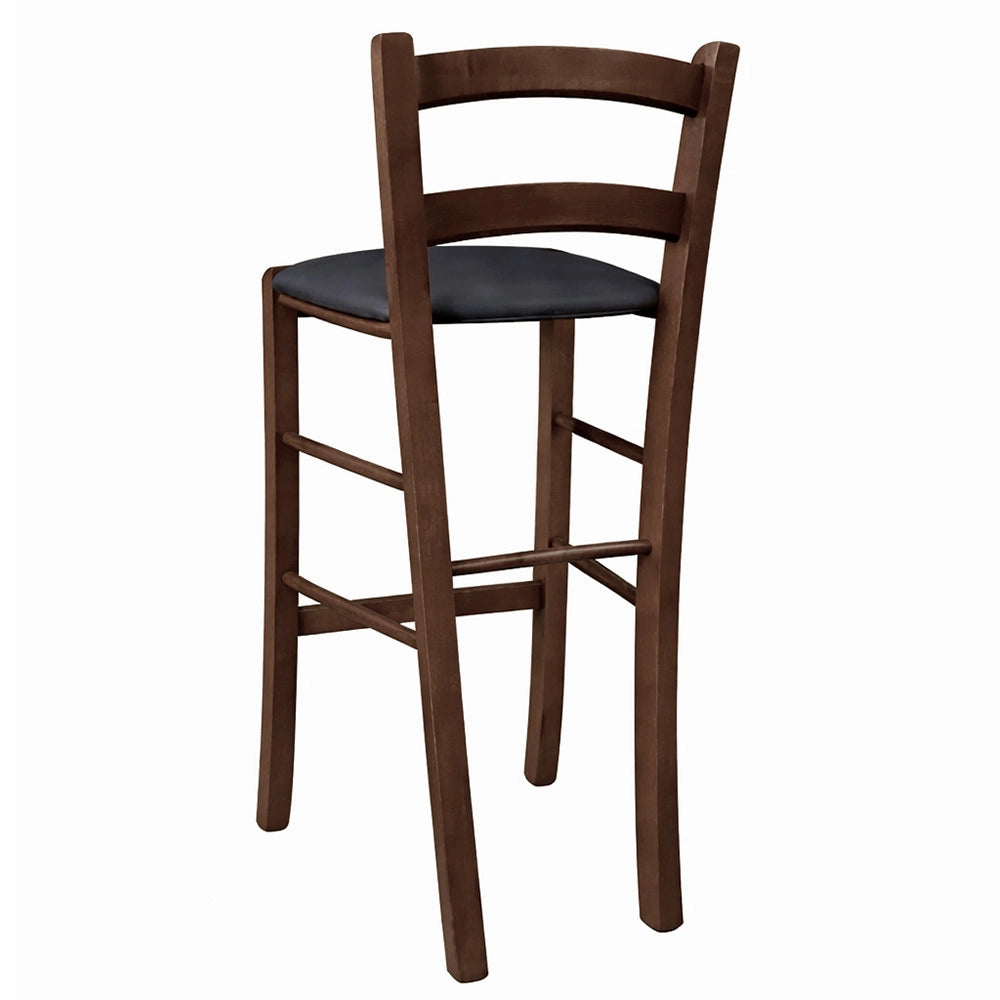 Sgabello in legno noce scuro h 67cm con seduta imbottita in similpelle antracite